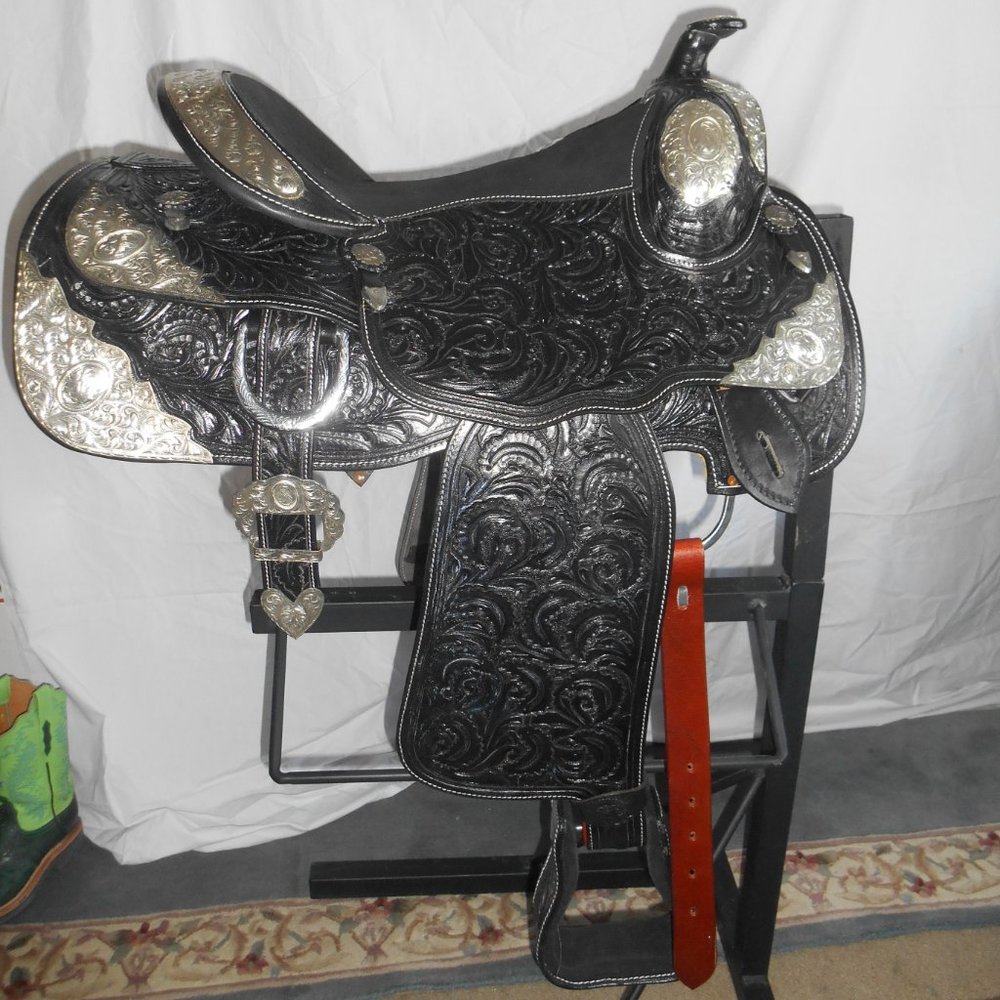 Horse Tack 15 Inch Seat Black Show Saddle, 2 Ear Headstall & Reins, Cover